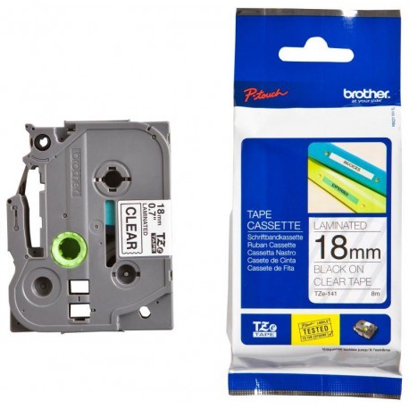BROTHER CINTA LAMINADA TZE-141 18MM TEXTO NEGRO SOBRE FONDO TRANSPARENTE. ANCHO: 18 MM. LONGITUD: 8 M