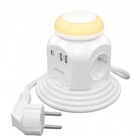 AISENS REGLETA 4 TOMAS CON INTERRUPTOR/ ASPS-2A1CLPQ02-W BLANCO 4 Tomas de Corriente/ 1 USB Tipo-C/ 2 USB/ Cable 1.8m