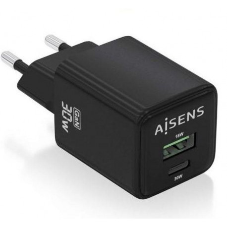 AISENS CARGADOR GAN DE PARED ASCH-30W2P038-BK/ 30W/ 1XUSB/ 1xUSB-C / NEGRO