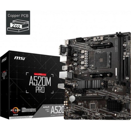 MSI PLACA BASE A520M PRO SOCKET AM4 A520,2DDR4,64GB,VGA+HDMI+DP,GBLAN,4SATA3+1XM.2,6USB3.2,MATX