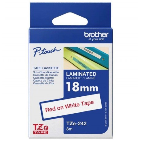 BROTHER CINTA LAMINADA TZE242 18MM TEXTO ROJO SOBRE FONDO BLANCO. ANCHO: 18 MM. LONGITUD: 8 M