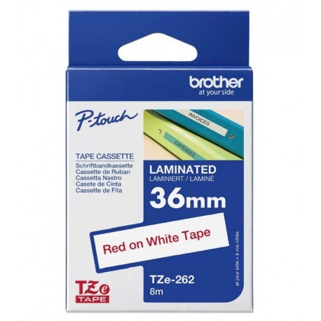 BROTHER CINTA LAMINADA TZE262 36MM TEXTO ROJO SOBRE FONDO BLANCO. ANCHO: 36 MM. LONGITUD: 8 M