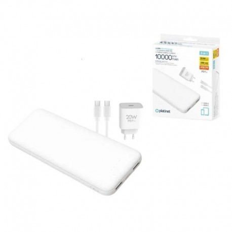 PLATINET POWERBANK 10.000mAh + CARGADOR 20W + CABLE USB-C BLANCO