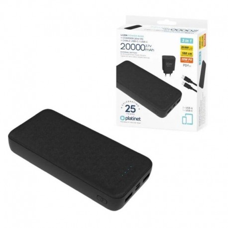 PLATINET POWERBANK 20.000mAh 20W CARGADOR + CABLE 1M NEGRO