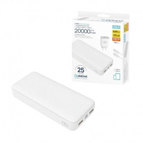 PLATINET POWERBANK 20.000mAh 20W CARGADOR + CABLE 1M BLANCO