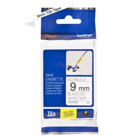 BROTHER CINTA LAMINADA TZE-FX221 9MM TEXTO NEGRO SOBRE FONDO BLANCO. ANCHO: 9 MM. LONGITUD: 8 M