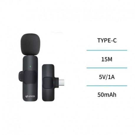 UNICO MICROFONO MP6037 HD BLUETOOTH DINÁMICO LAVALIER TIPO-C DENOISE PINZA CLIP NEGRO