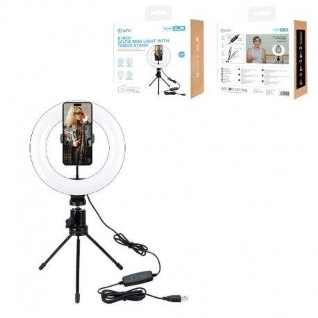 UNICO TRIPODE CON ARO DE LUZ BR1485 8 DIAMETRO 20CM PARA MOVIL USB NEGRO