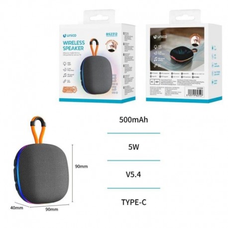 UNICO ALTAVOZ BBS2312 BLUETOOTH 5.4 5W RGB LED MINI PORTABLE 9CM 500MAH TIPO-C NEGRO
