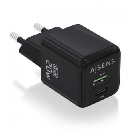 AISENS CARGADOR PARED GAN ASCH-20W2P011-BK/ 1xUSB Tipo-C/ 1xUSB/ 20W NEGRO