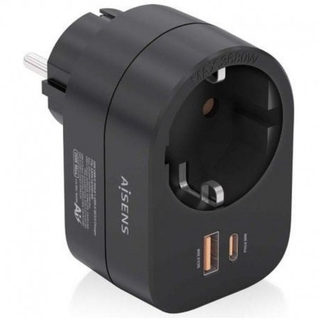 AISENS ENCHUFE ASPS-1A1C07-BK / 1 TOMA DE CORRIENTE / USB-C / USB-A / NEGRO