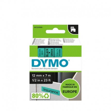 DYMO CINTA LM D1 12MM x 7M NEGRO/VERDE TEXTO NEGRO SOBRE FONDO VERDE. ANCHO: 12 MM. LONGITUD: 7 M
