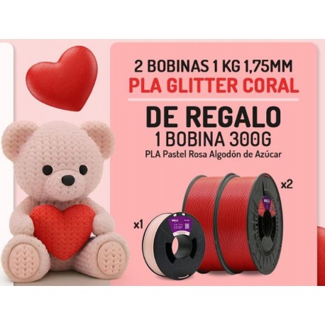 WINKLE PACK SAN VALENTIN 2 x PLA-GLITTER LOVE BUNDLE CORAL + REGALO (PLA PASTEL ROSA ALGODON DE AZUCAR 300GR)