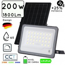 FOCO PROYECTOR LED SOLAR 200W C/SENSOR-CREPUSCULAR C/MANDO IP65 REGULABLE CCT (CALIDO-NEUTRO-FRIO)