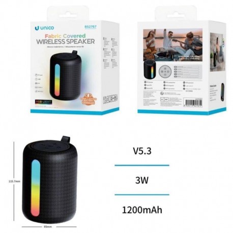 UNICO ALTAVOZ BS2767 BLUETOOTH 5.3 3W RGB LED MINI PORTABLE TELA 1200MAH TIPO-C NEGRO