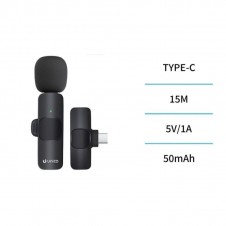 UNICO MICROFONO MP6037 HD BLUETOOTH DINÁMICO LAVALIER TIPO-C DENOISE PINZA CLIP NEGRO