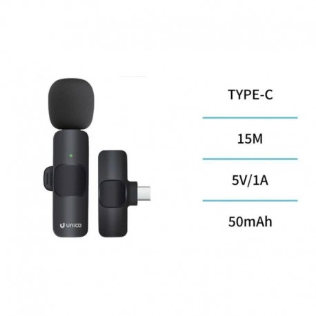 UNICO MICROFONO MP6037 HD BLUETOOTH DINÁMICO LAVALIER TIPO-C DENOISE PINZA CLIP NEGRO