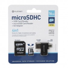 PLATINET MICRO SD 16GB + LECTOR PMMSD16CR4 MicroSD + Adaptador + USB + OTG microUSB