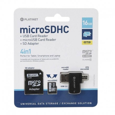 PLATINET MICRO SD 16GB + LECTOR PMMSD16CR4 MicroSD + Adaptador + USB + OTG microUSB
