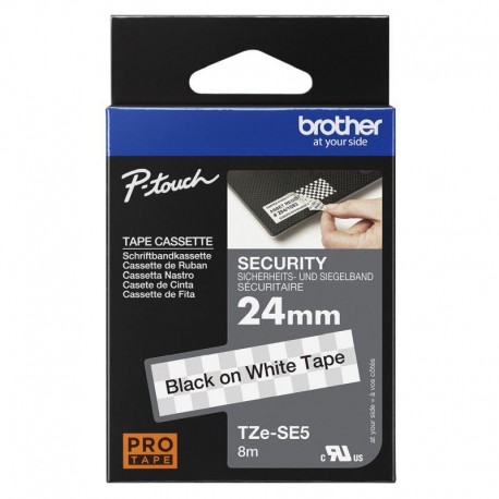 BROTHER CINTA LAMINADA TZESE5 24 MM CINTA DE SEGURIDAD TEXTO NEGRO SOBRE FONDO BLANCO. ANCHO: 24 MM. LONGITUD: 8 M